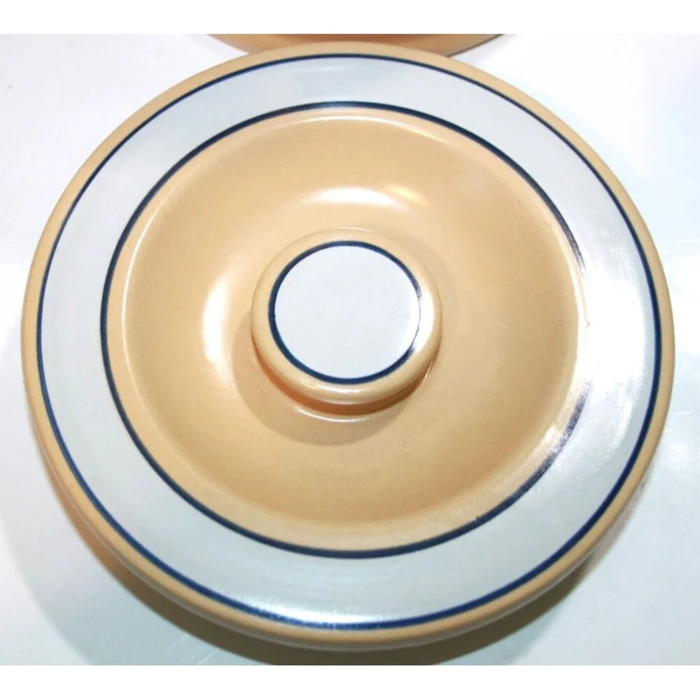 Home Yellow Ware Banded Canister Lid Blue White Stripe Storage Farmhouse 9”